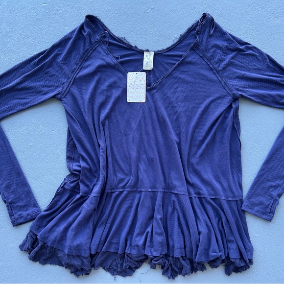 Free People Indigo Ruffled Long Sleeve Blouse - Picture 1 of 5